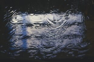 Rainfall creates ripples across a dark water surface reflecting light and sky during the Texas Flood Tragedy, symbolizing devastation.
