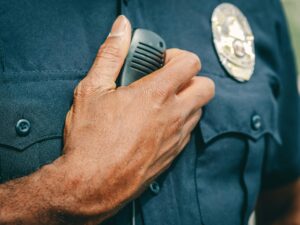 Close-up of a police officer holding a radio during a response, symbolizing law enforcement action after a False Gun Report.