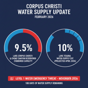 Gemini said Infographic showing a 9.5% reservoir capacity and 10% supply cut for the Corpus Christi Water Project.
