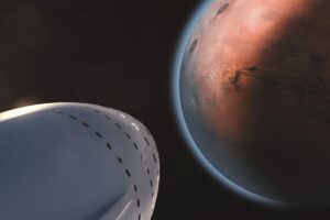 SpaceX Starship spacecraft in space approaching Mars, with the red planet dominating the background.