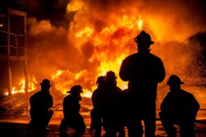 Firefighters silhouetted against massive flames during JFK Causeway dock fire, battling marina blaze overnight.