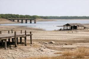 Dry lakebed with exposed dock and abandoned structure as water recedes, highlighting Corpus Christi water crisis in Texas