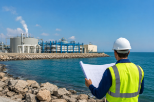 Engineer reviews coastal desalination facility plans as Corpus Christi desalination funding gains momentum for water futures.