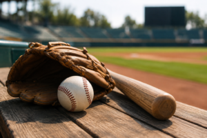 Baseball glove, bat, and ball resting on a dugout bench during a game as Yordan Alvarez trade rumors surround the Astros’ 2026 season.