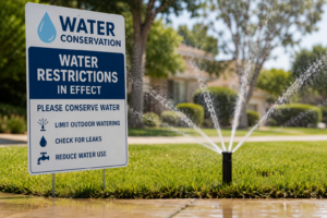 Water restriction sign beside lawn sprinkler in neighborhood during Corpus Christi water restrictions emergency planning.