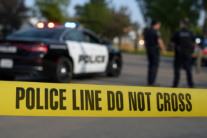 Police tape blocks a street near patrol cars during an active investigation related to the Padre Island missing woman case.