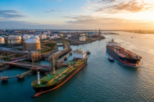 Port of Corpus Christi oil tankers load crude at Gulf Coast export terminal during record surge in global shipments.