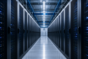 Hut 8 data center with rows of illuminated server racks supporting large-scale cloud computing and infrastructure operations.