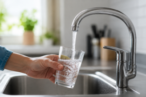 Hand filling a glass with tap water in a kitchen sink during the Nueces County water emergency conservation effort.