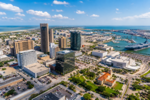 Aerial view of downtown Corpus Christi skyline tied to the proposed Corpus Christi courthouse demolition project.