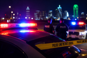 Police vehicles with flashing lights and officers at a crime scene during Texas Most Wanted Sex Offenders search.