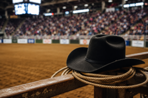 Cowboy hat and rope rest beside a rodeo arena as fans gather during Buc Days 2026 in Corpus Christi.