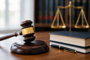 Court gavel and legal books symbolize Paulette Guajardo impeachment and ongoing removal proceedings.