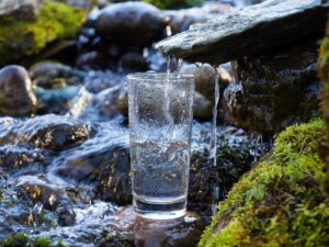 Clear water pours over rocks into a glass in a natural stream, symbolizing scarcity and purity—Corpus Christi Faces Water Crisis