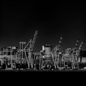 Port of Corpus Christi industrial harbor featuring large cargo cranes, shipping containers, and city buildings along the waterfront.